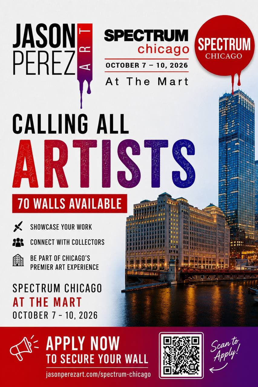 Spectrum Chicago artist wall-space flyer for Jason Perez Art calling all artists with 70 walls available at The Mart, October 7–10, 2026